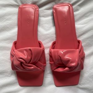 BY FAR Lima Leather Sandal In Coral Gloss Leather With Knot Accent & Squared Toe